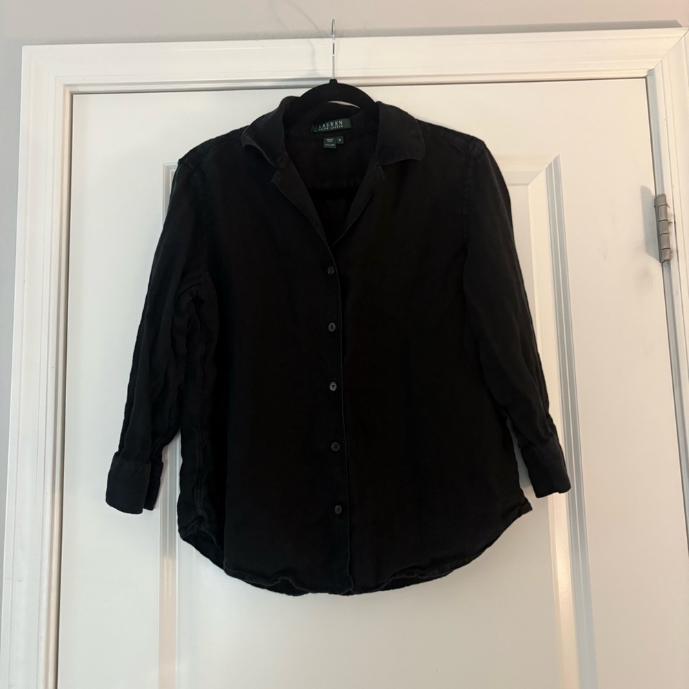 Lauren Ralph Lauren Women’s Classic Black Linen Button Down Long Sleeve Shirt